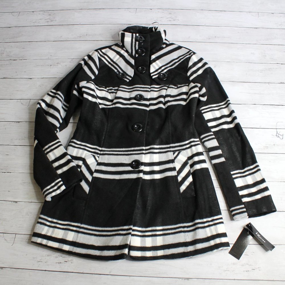 IZ Byer Women's Winter Coat Size XS Black Gray Off White Plaid Fleece